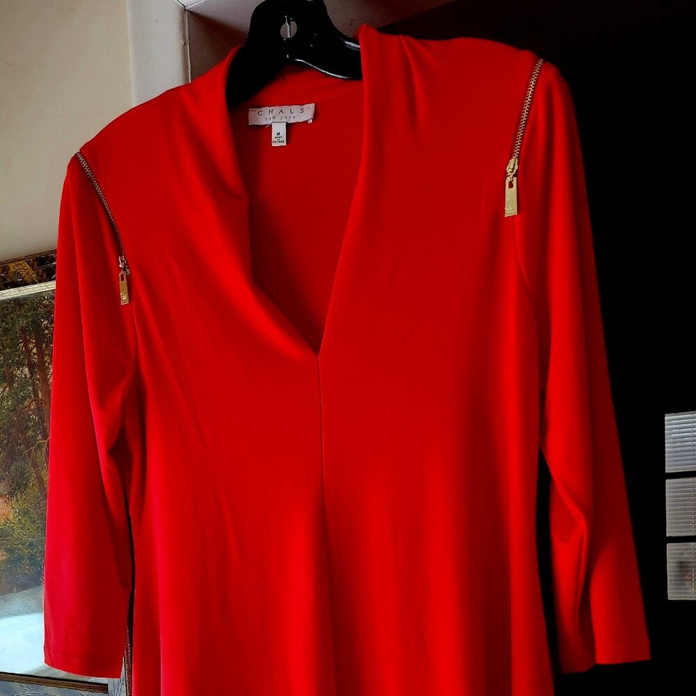 G9 Sexy V-neck dress / top vibrant Gold zippers Chaus NY - longer sides Sz M